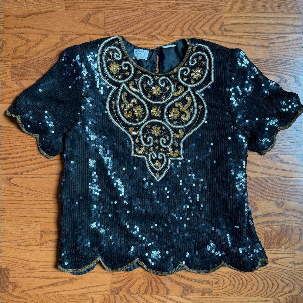 Vintage Stenay Black and Gold Sequin Blouse 100% Silk